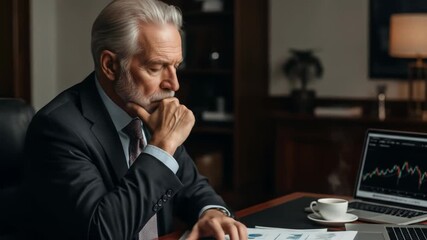 Senior businessman contemplates stock data charts on a laptop in his office - Powered by Adobe