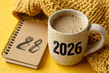 Coffee and 2026 calendar on yellow knit