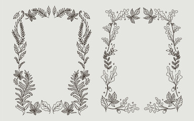 Autumn hand drawn botanical border frame illustration. Minimalist line art style perfect for invitation party, card, fall season poster, greeting or cover.