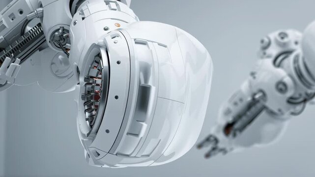 A robot with a blue eye and orange and red glowing parts. Macro shot surgical robot force vector mapping sensor module, futuristic medtech high precision detail shot, surgical robot system