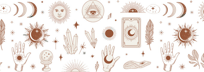 Mystical bohemian line art collection with celestial sun moon hands crystals and all seeing eye symbols for spiritual design