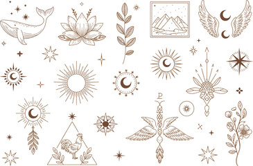 Mystical boho line art collection featuring celestial moon sun stars nature symbols wings plants and sacred geometric spiritual elements