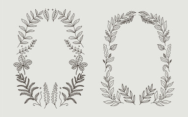 Autumn hand drawn botanical border frame illustration. Minimalist line art style perfect for invitation party, card, fall season poster, greeting or cover.