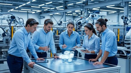 Engineers view holographic model on futuristic table in a factory setting - Powered by Adobe