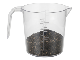 Clear plastic measuring cup with potting soil for gardening on a transparent background