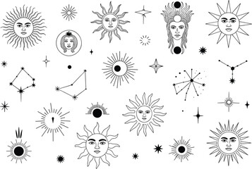 Mystical celestial line art collection with sun moon stars constellations and spiritual astrology symbols in elegant black minimalist design