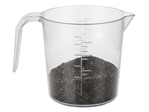 Clear plastic measuring cup with potting soil for gardening on a transparent background