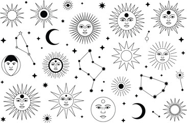 Mystical celestial line art collection with sun moon stars constellations and spiritual astrology symbols in elegant black minimalist design