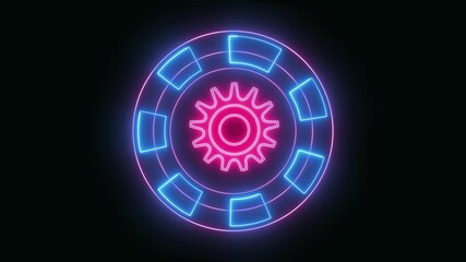 Futuristic Neon Gear and Circular Interface with Blue and Pink Neon Lights technology animation. High-tech animated neon gear with circular interface and bright blue pink lights, perfect - Powered by Adobe