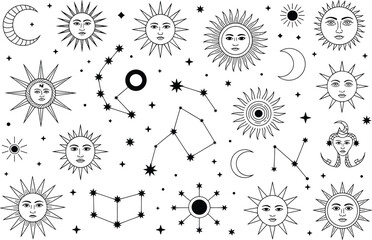 Mystical celestial line art collection with sun moon stars constellations and spiritual astrology symbols in elegant black minimalist design