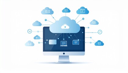 Flat lay illustration of a computer monitor with a cloud and various cloud icons surrounding it on a white background. © Dua