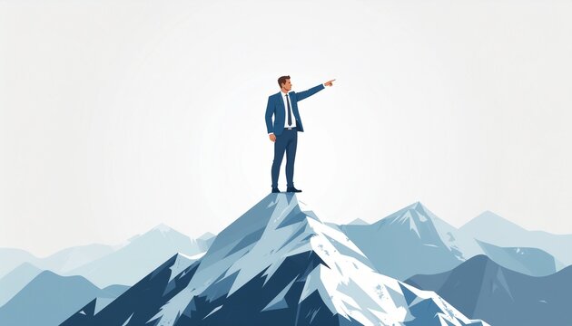 Illustration of a businessman standing on a snowy mountain peak pointing ahead with a mountain range in the background in shades of blue and white.