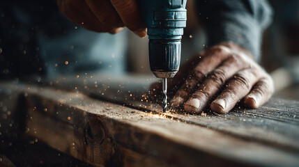 Skilled craftsman using power drill on wooden plank in workshop with sawdust flying