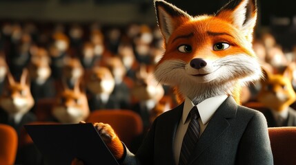 Animated fox in suit presentation audience cinema character design movie scene conference meeting art