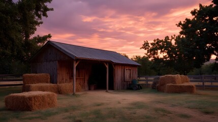 Rustic barn and hay bales under a vibrant sunset in a peaceful rural landscape
