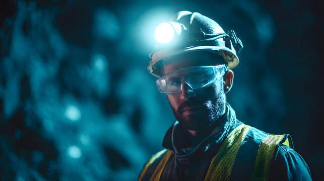 Male miner wearing safety gear and headlamp in dark underground mine environment