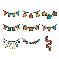 Naklejka premium Colorful Party Garland Icons. Party Garlands Pack flat icons: bunting string, glowing lights, star garland, flower loop, confetti string, bead strand, ribbon swirl, triangle flags