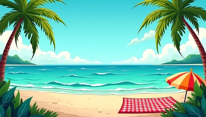 Naklejka premium Playful comic-style seaside picnic background with ocean waves, sand, picnic blanket, umbrella, and tropical palm trees, designed in bright cartoon vector style with central empty area for text.