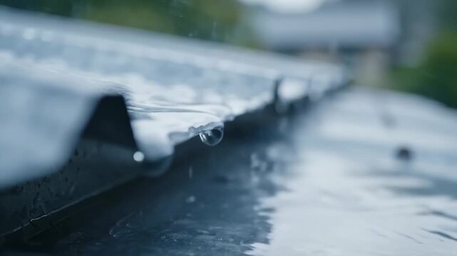 Rain Drops Falling From Metal Roof Gutter on Rainy Day, Close Up