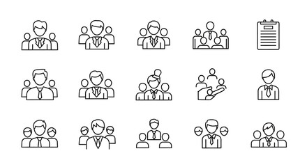 Business Team Icons Collection: A curated set of line art icons representing diverse teams, meetings, and individual professionals, ideal for illustrating concepts of teamwork, management.