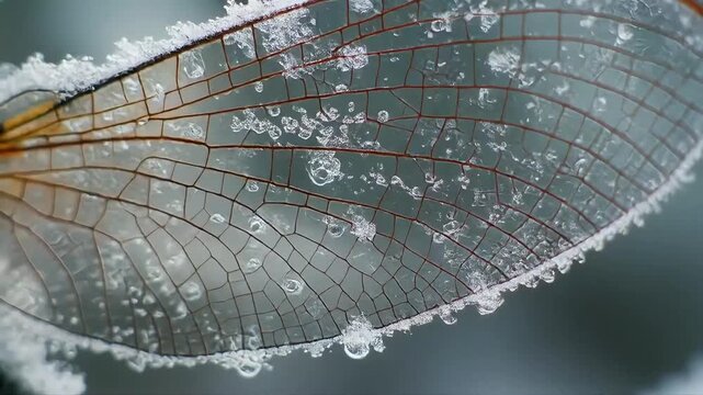 Winter's Delicate Embrace A Macro View of Frosted Dragonfly Wing