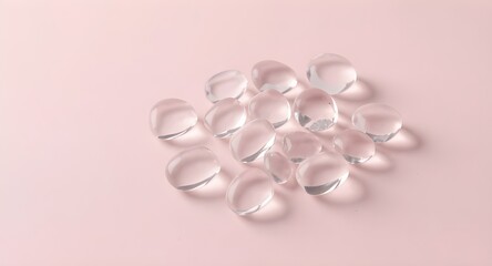 High resolution transparent glass pebbles overlapping on soft pastel pink minimalist background
