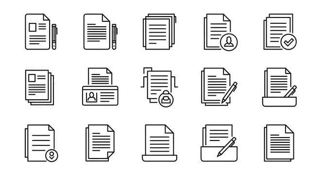 Document Icons: A collection of concise icons elegantly portrays a variety of documents and paperwork with associated elements like pens and checkboxes, ideal for diverse applications.