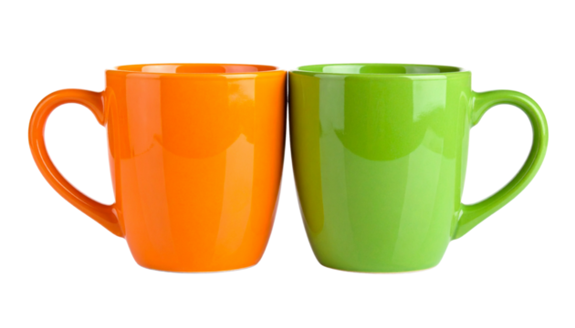 Vibrant ceramic tea cups in assorted colors isolated on transparent background PNG
