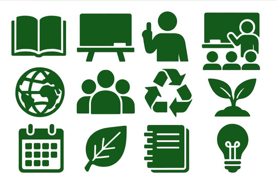 Environmental Education Icons. Educational Environmental Awareness silhouette icon set: open book, chalkboard, teacher icon, classroom, globe, student group, recycling symbol, - Powered by Adobe