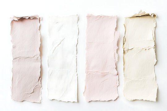 Elegant torn paper swatches in soft pastel tones offer a delicate, textured backdrop for sophisticated design projects and artistic creations.