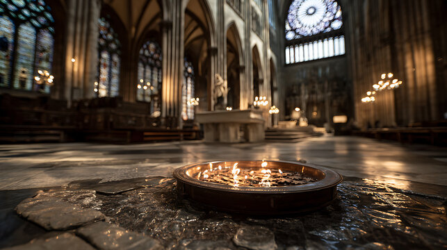 Soft candlelight illuminates the vast interior of a historic cathedral. The warm glow enhances the beauty of the stone architecture, creating a serene atmosphere during the evening hours.