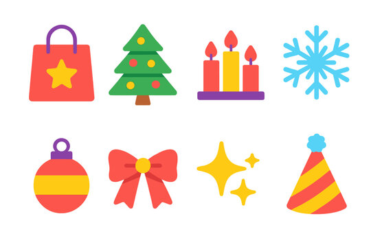 Festive Holiday Icons. Celebration Holidays Pack flat icons: gift bag, decorated tree, candle trio, snowflake, ornament, bow ribbon, sparkle, festive hat
