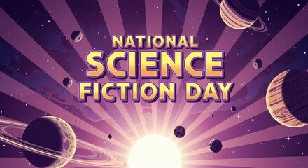 National Science Fiction Day illustration featuring planets stars and a retro sunburst design perfect for holiday promotions and educational content