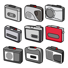 Collection of portable cassette player vector icons, various colors, simple shapes