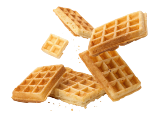 Delicious sweet baked waffle for breakfast or dessert snack. group of golden flying food isolated on transparent background, looking tasty