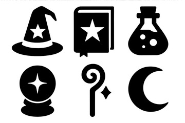 Brutalist Magic Icons. Magic Realms silhouette icon set: wizard hat, spell book, potion vial, crystal ball, staff, moon symbol.