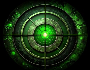 A digital radar-like design featuring concentric circles, a crosshair, and a vibrant green, neon hue against a dark backdrop