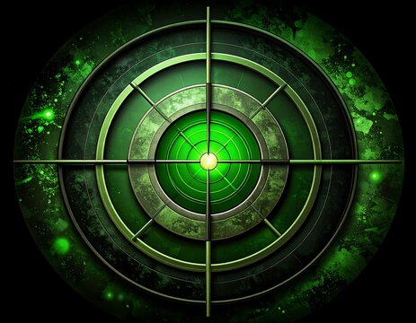 A digital radar-like design featuring concentric circles, a crosshair, and a vibrant green, neon hue against a dark backdrop - Powered by Adobe