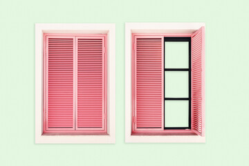 Two Beautiful wooden Windows frames on mint green wall with pink shutters, home facade design with soft sunlight shadow. Minimal pastel aesthetics, retro style, tropical summer travel backgrounds.