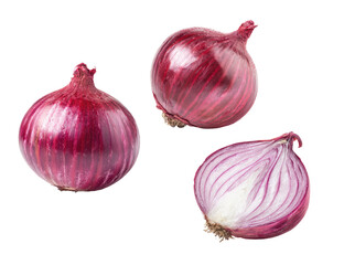 Three vibrant red onions, whole and halved, displayed