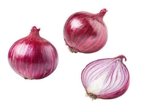 Three vibrant red onions, whole and halved, displayed