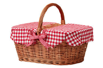 Red-checkered picnic basket with wooden handle