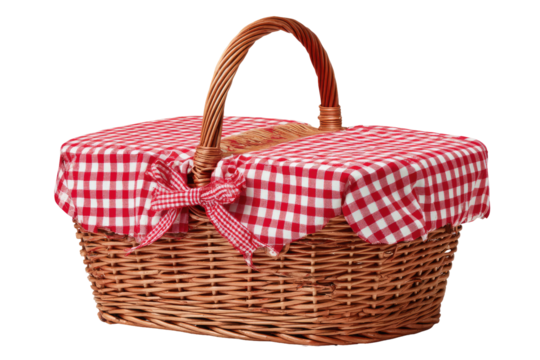 Red-checkered picnic basket with wooden handle