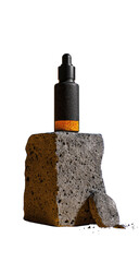 Dark bottle of serum on a textured stone pedestal