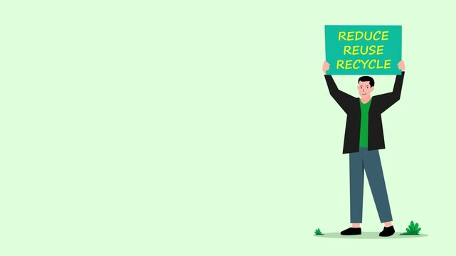 Man holding a board, 3r concept animation, reduce nature pollution, reuse materials, recycle and waste management, save the earth environment, go green banner, eco friendly, copy space for text