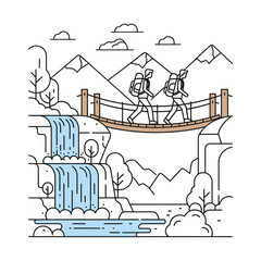 Fototapeta premium Two hikers with backpacks crossing a suspension bridge over a waterfall in a mountainous landscape, line art illustration.