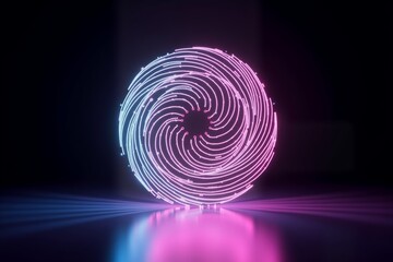 Neon spiral swirls in pink and blue, glowing on dark surface. Futuristic light patterns radiate from center, creating mesmerizing digital art display.