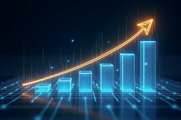 Neon blue bars rise upward, glowing arrow indicates growth. Futuristic data visualization on dark background. Digital success trend.