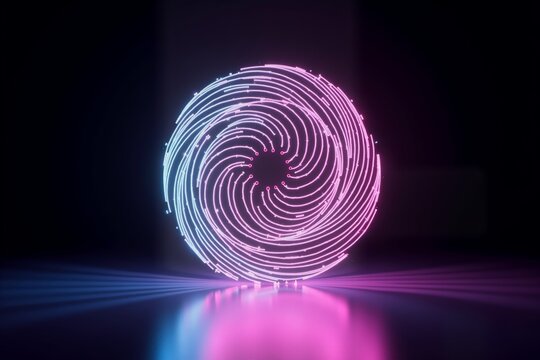 Neon spiral swirls in pink and blue, glowing on dark surface. Futuristic light patterns radiate from center, creating mesmerizing digital art display.