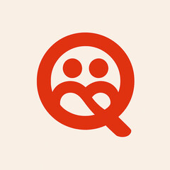 A modern, minimalistic red logo featuring a stylized letter "Q" with two circular dots symbolizing people or connection, set on a beige background.
